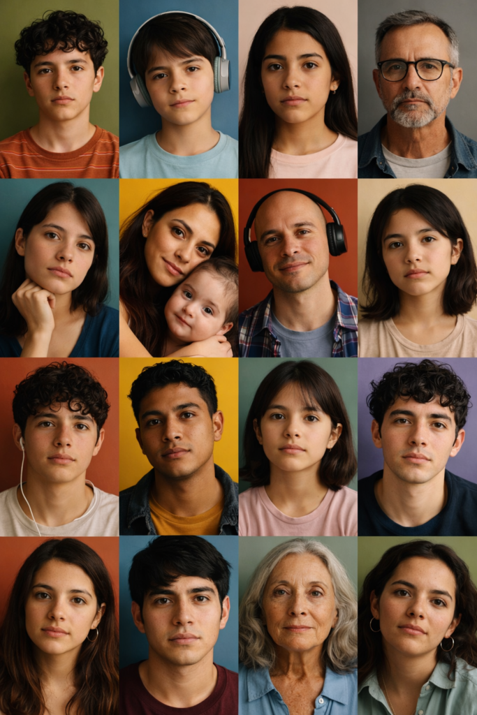 Collage de rostros diversos de personas, en su mayoría latinas, con distintas edades y expresiones, sobre fondos de colores variados